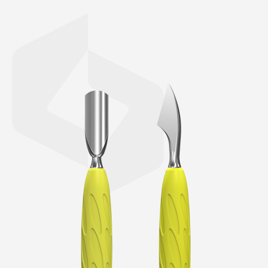 Empurrador de cutícula para manicure Gummy com cabo de silicone amarelo UNIQ 10 TYPE 3 (empurrador arredondado estreito e empurrador com bordos inclinados)