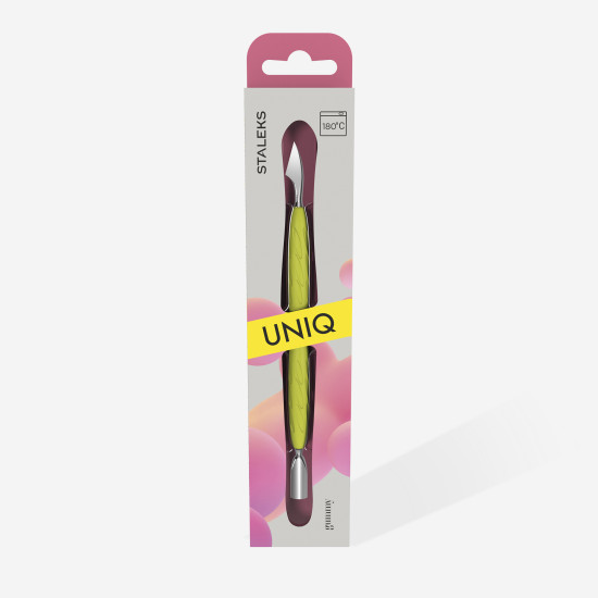 Empurrador de cutícula para manicure Gummy com cabo de silicone amarelo UNIQ 10 TYPE 3 (empurrador arredondado estreito e empurrador com bordos inclinados)